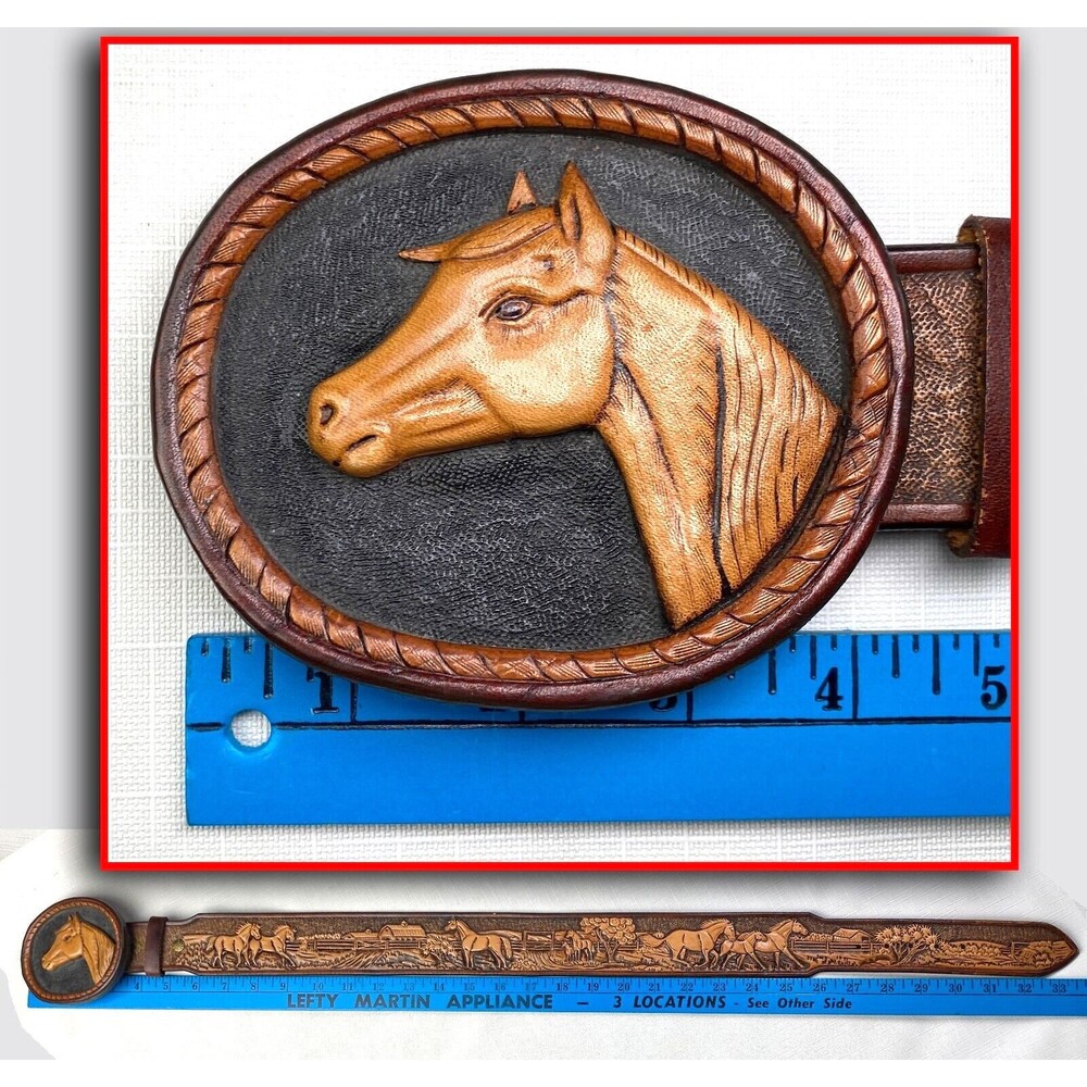 Hand Tooled LEATHER 3-D HORSES SCENE Western Belt! Handmade T Goodloe Sz 29